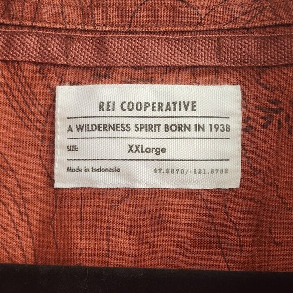 REI Cooperative Shirt Mens 2XL Rust Brown Organic Cotton Hemp Outdoors Map Print - Picture 4 of 10